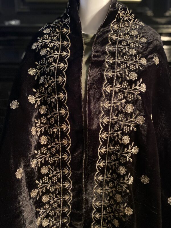 Velvet Shawl with Floral Embroidery Black