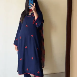 Navy Blue 3pc Georgette Suit with Embroidery and Tie-Dye Dupatta - Ayesha B