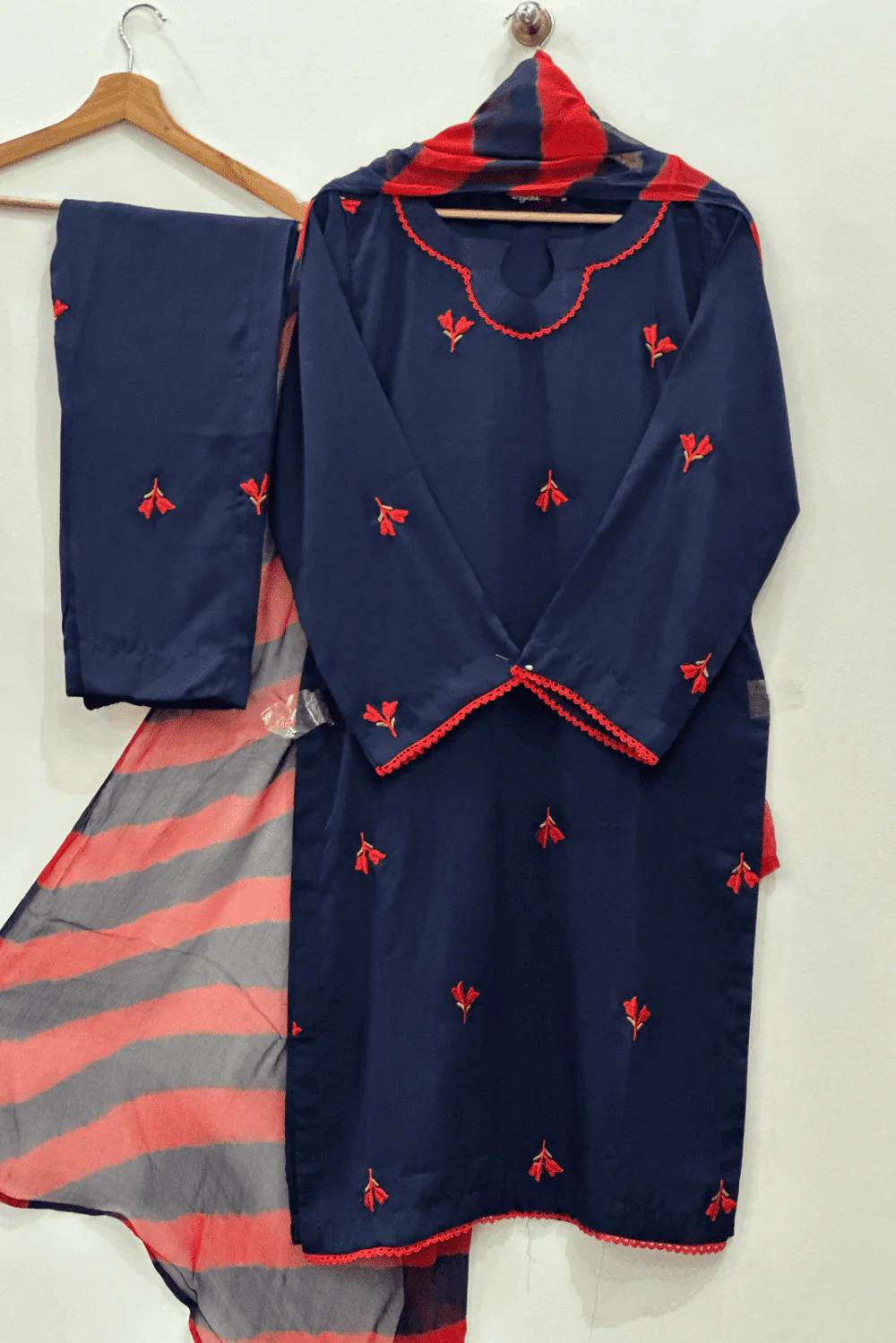 Navy Blue 3pc Georgette Suit with Embroidery and Tie-Dye Dupatta - Ayesha B