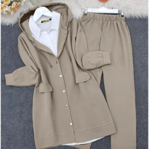 Button Down Hoodie Sweatshirt and Pants Set - Light Mink