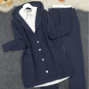 Button Down Hoodie Sweatshirt and Pants Set - Navy Blue