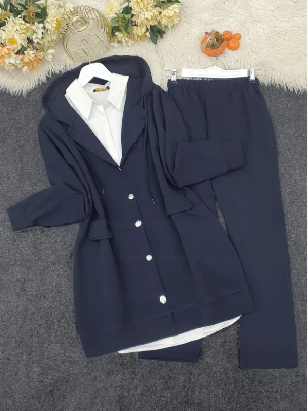 Button Down Hoodie Sweatshirt and Pants Set - Navy Blue