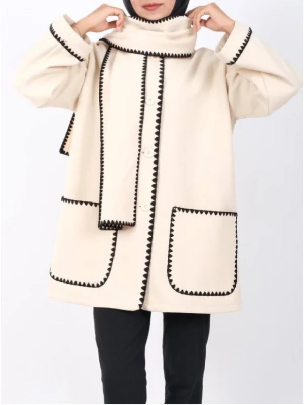 Buttoned Front Jacket with Scarf - Beige