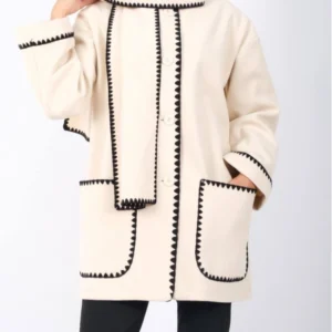 Buttoned Front Jacket with Scarf - Beige