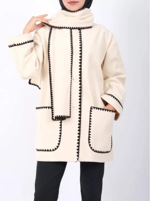 Buttoned Front Jacket with Scarf - Beige