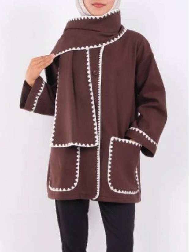 Buttoned Front Jacket with Scarf-Brown