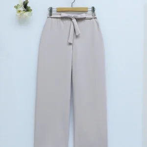 Double Fabric Waist Belted Wide Leg Trousers -Beige