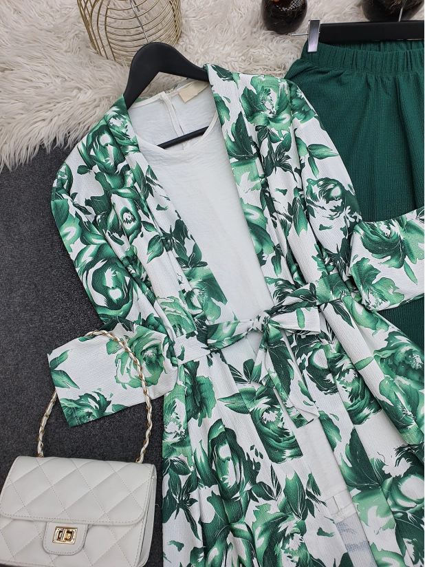 Patterned Kimono Suit Co-ord Set - Green