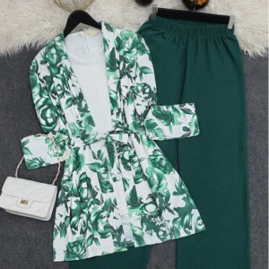 Patterned Kimono Suit Co-ord Set - Green