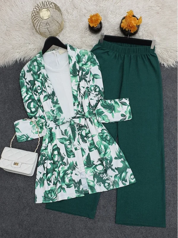 Patterned Kimono Suit Co-ord Set - Green