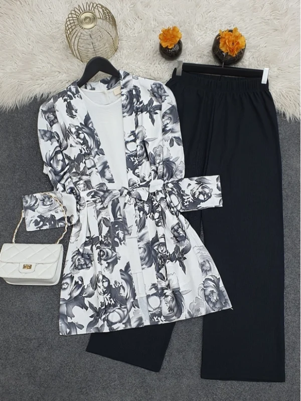 Patterned Kimono Suit Co-ord Set - Smoked