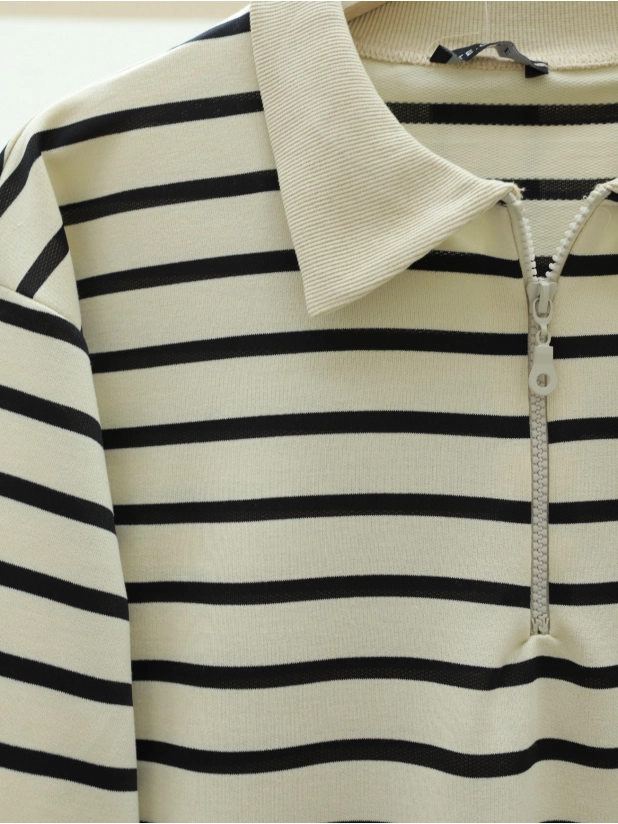 Polo Collar Striped Tunic -Black