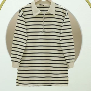 Polo Collar Striped Tunic -Black