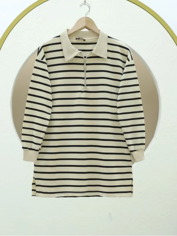 Polo Collar Striped Tunic -Black