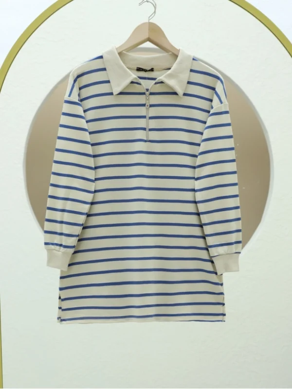 Polo Collar Striped Tunic -Indigo