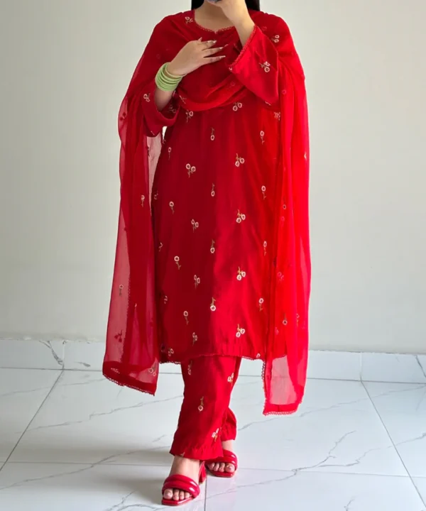 Red 3pc Georgette Suit with Floral Embroidery and Chiffon Dupatta - Ayesha B