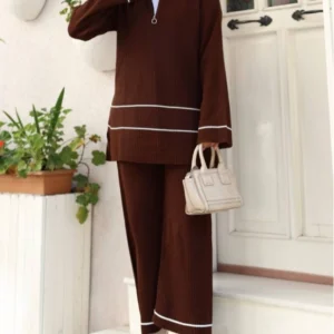 Zippered Collar Knit Suit - Co-ord Set - Brown