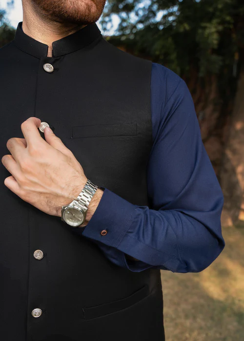 Blue and Black Kurta Shalwar with Waistcoat - 3pc Men outfit