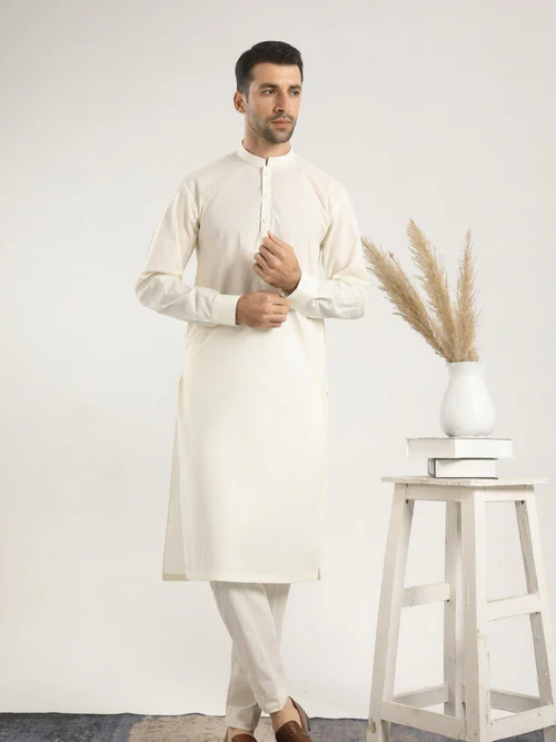 Bosky White Plain Cotton Kurta Trouser 2pc