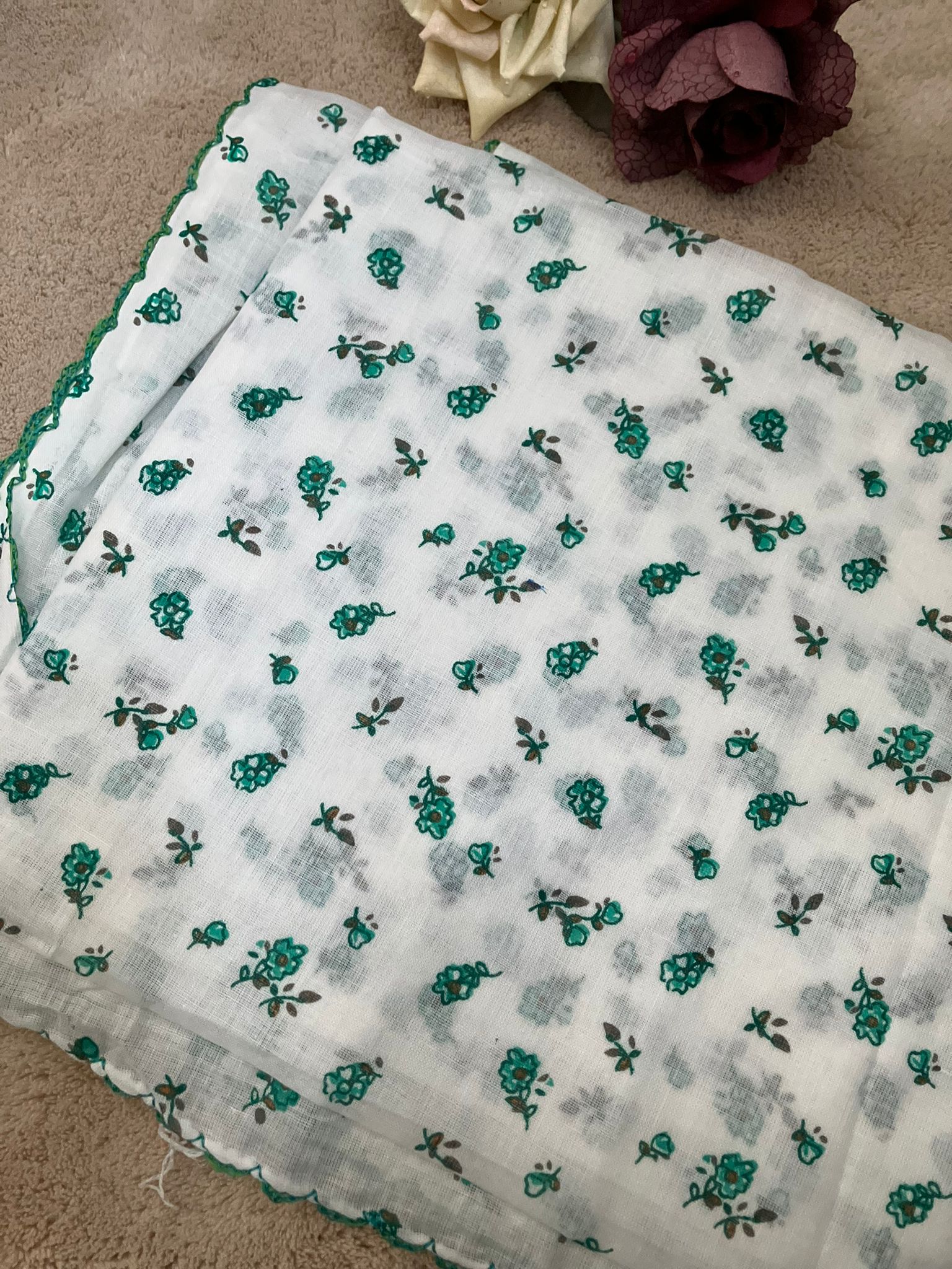 Cotton full-size dupatta with small floral prints for prayer and casual occasions.