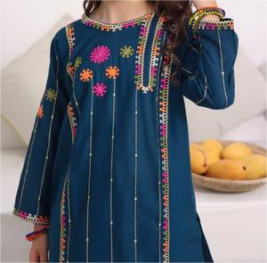 Dark Blue Embroidered Kurta Set for Girls 2pc