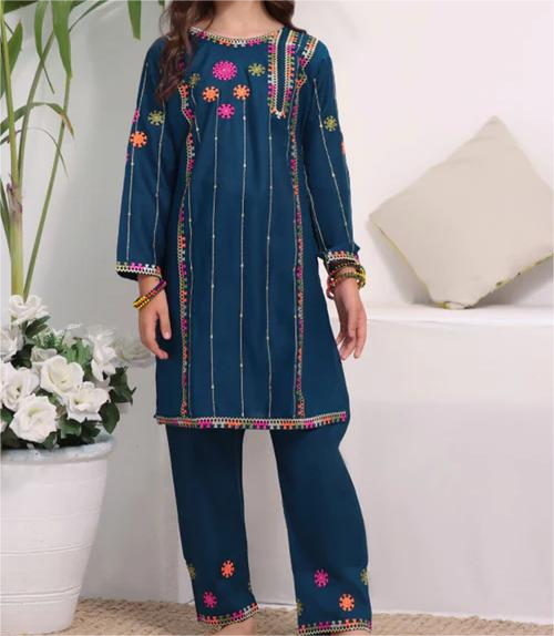 Dark Blue Embroidered Kurta Set for Girls 2pc