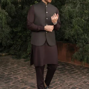 Dark Brown and Burgundy Kurta Shalwar with Waistcoat - 3pc Men outfit