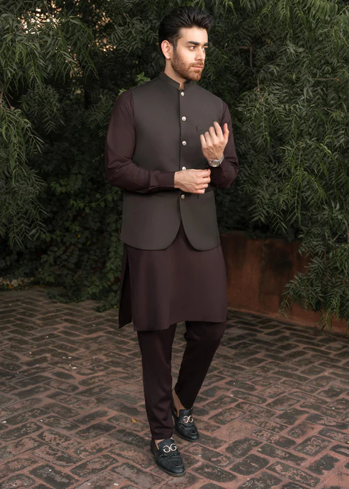 Dark Brown and Burgundy Kurta Shalwar with Waistcoat - 3pc Men outfit