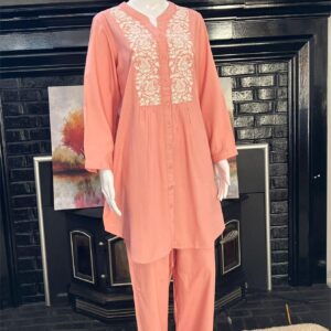 Embroidered Co-ord Set, 2 Piece Kurti Set perfect for Casual, formal office wear and college wear in pink color