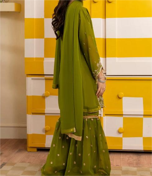 Green Chiffon Gharara Set with Handwork for Girls - (3pc)