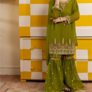 Green Chiffon Gharara Set with Handwork for Girls - (3pc)