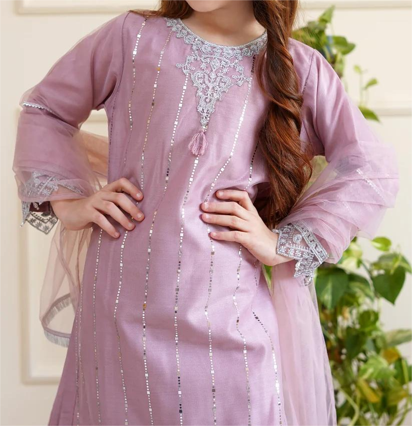 Lilac Embroidered Net Kurta Set with Dupatta for Girls - (3pc)