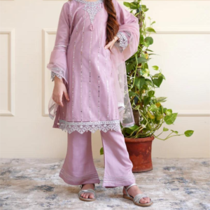 Lilac Embroidered Net Kurta Set with Dupatta for Girls - (3pc)