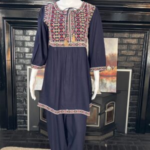 Navy blue embroidered co-ord set with tunic top and matching embroidered pants.