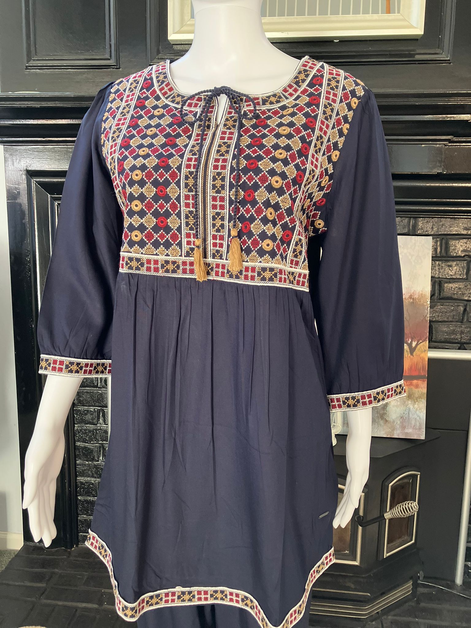 Navy blue embroidered co-ord set with tunic top and matching embroidered pants.