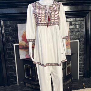 embroidered co-ord set with tunic top and matching pants.