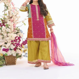 Raw Silk Multi-Color Gharara Set with Dupatta for Girls - (3pc)