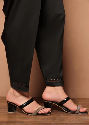 Raw Silk Shalwar with lace accents - Black