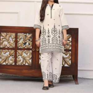 2 Piece-Top & Bottom Fabric: Pure Cotton Lawn Color Type: White Trouser: Flapper Work Technique: Sequence Embroidery