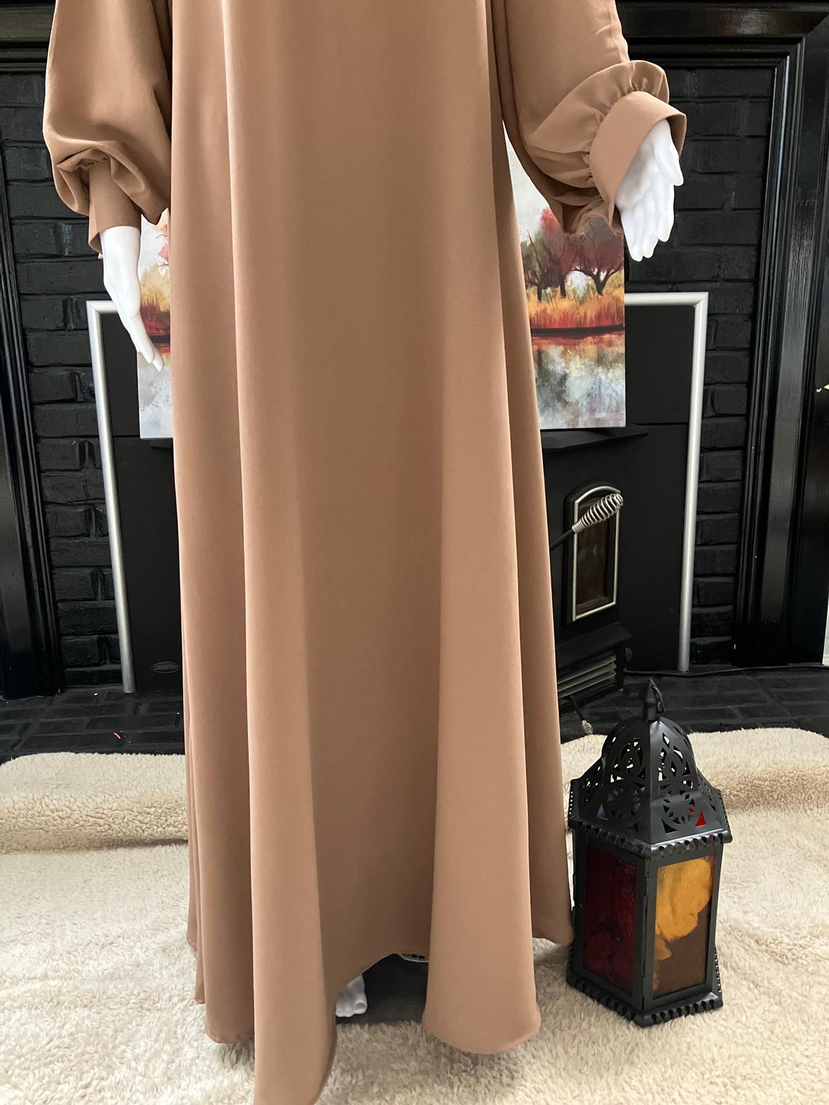 Coral Brown Cey Fabric Abaya with Half Button Front & Cuff Sleeves – Mumin Collection