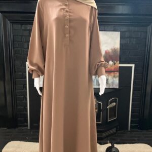 Coral Brown Cey Fabric Abaya with Half Button Front & Cuff Sleeves – Mumin Collection