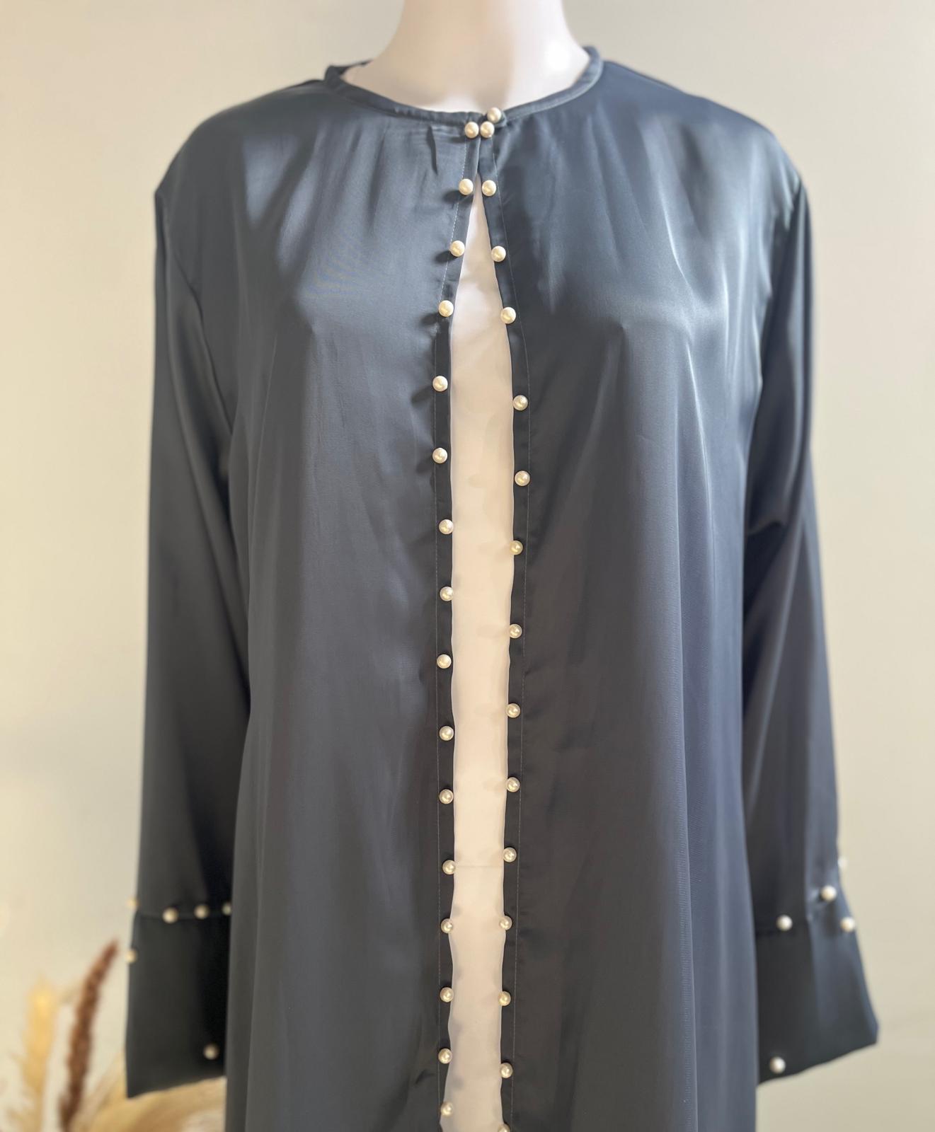 2-pc White Inner Abaya with Grey Beaded Shrug in Nidah Fabric