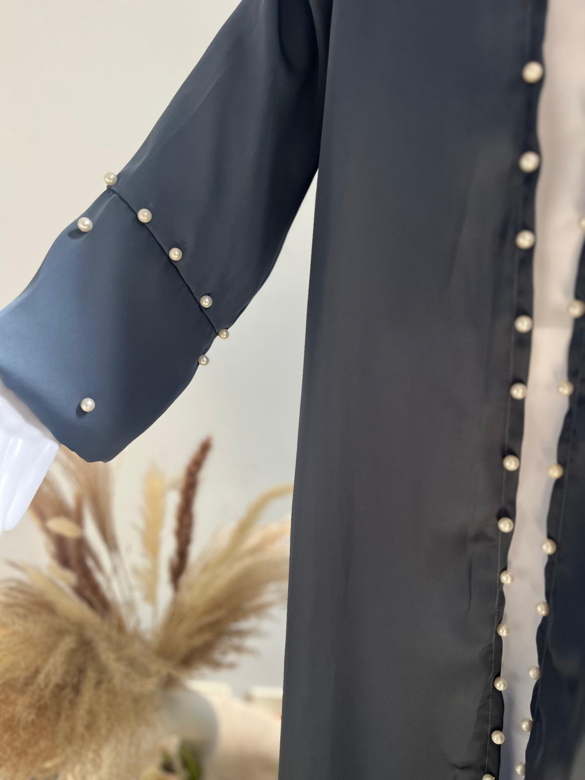 2-pc White Inner Abaya with Grey Beaded Shrug in Nidah Fabric