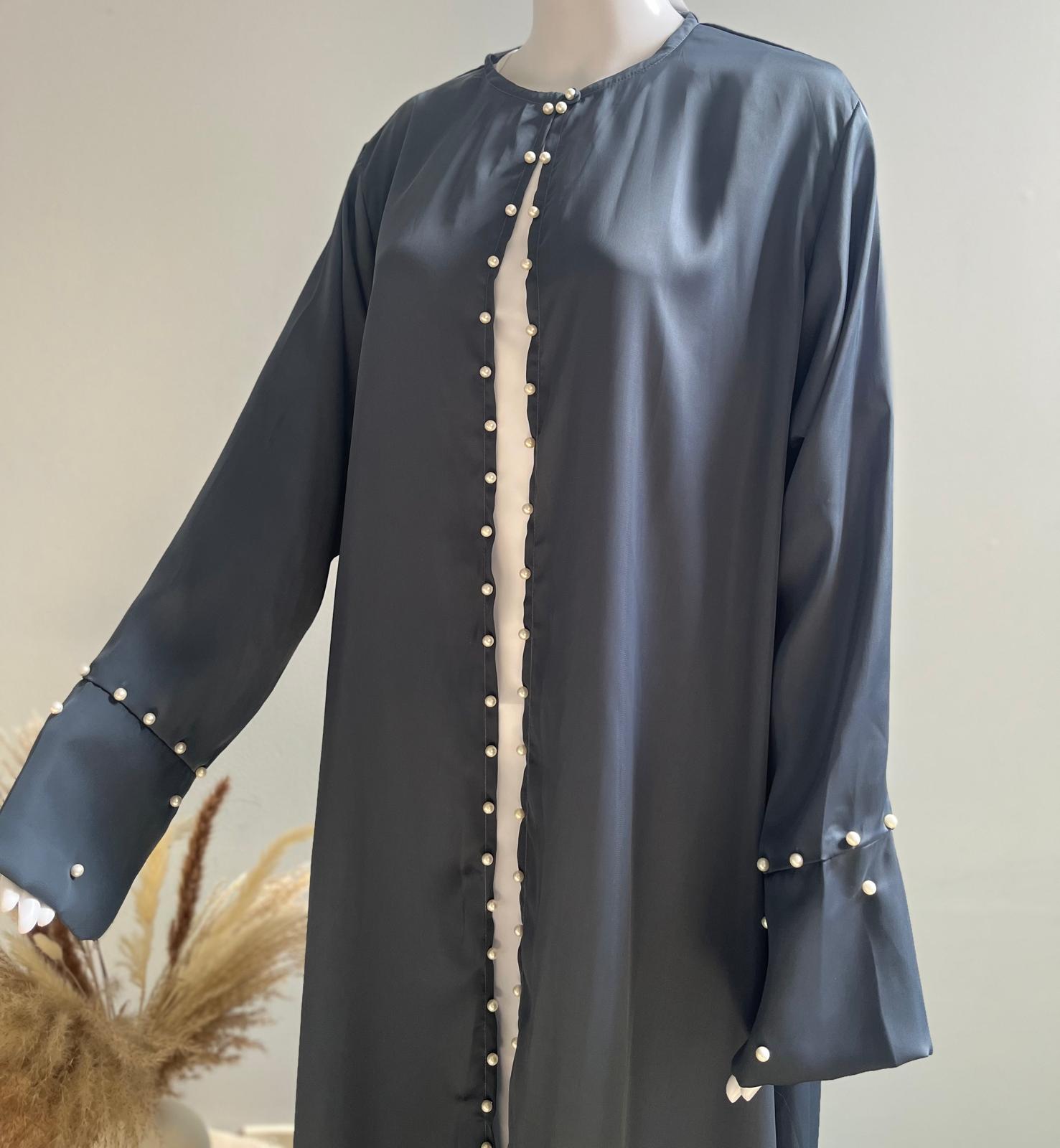 2-pc White Inner Abaya with Grey Beaded Shrug in Nidah Fabric