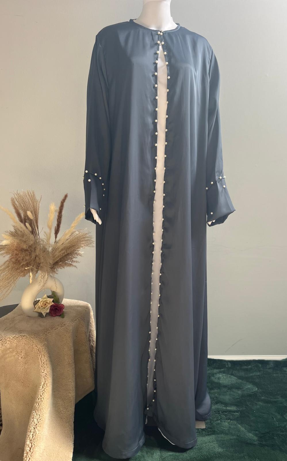 2-pc White Inner Abaya with Grey Beaded Shrug in Nidah Fabric