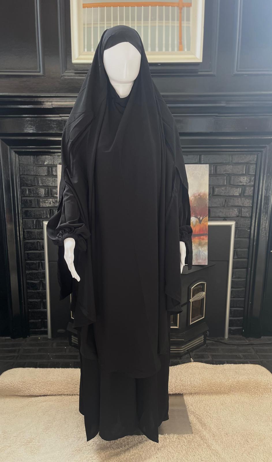 3pc Abaya with Khimar and Nose piece in Black Kashibo - Mumin Collection - Image 3