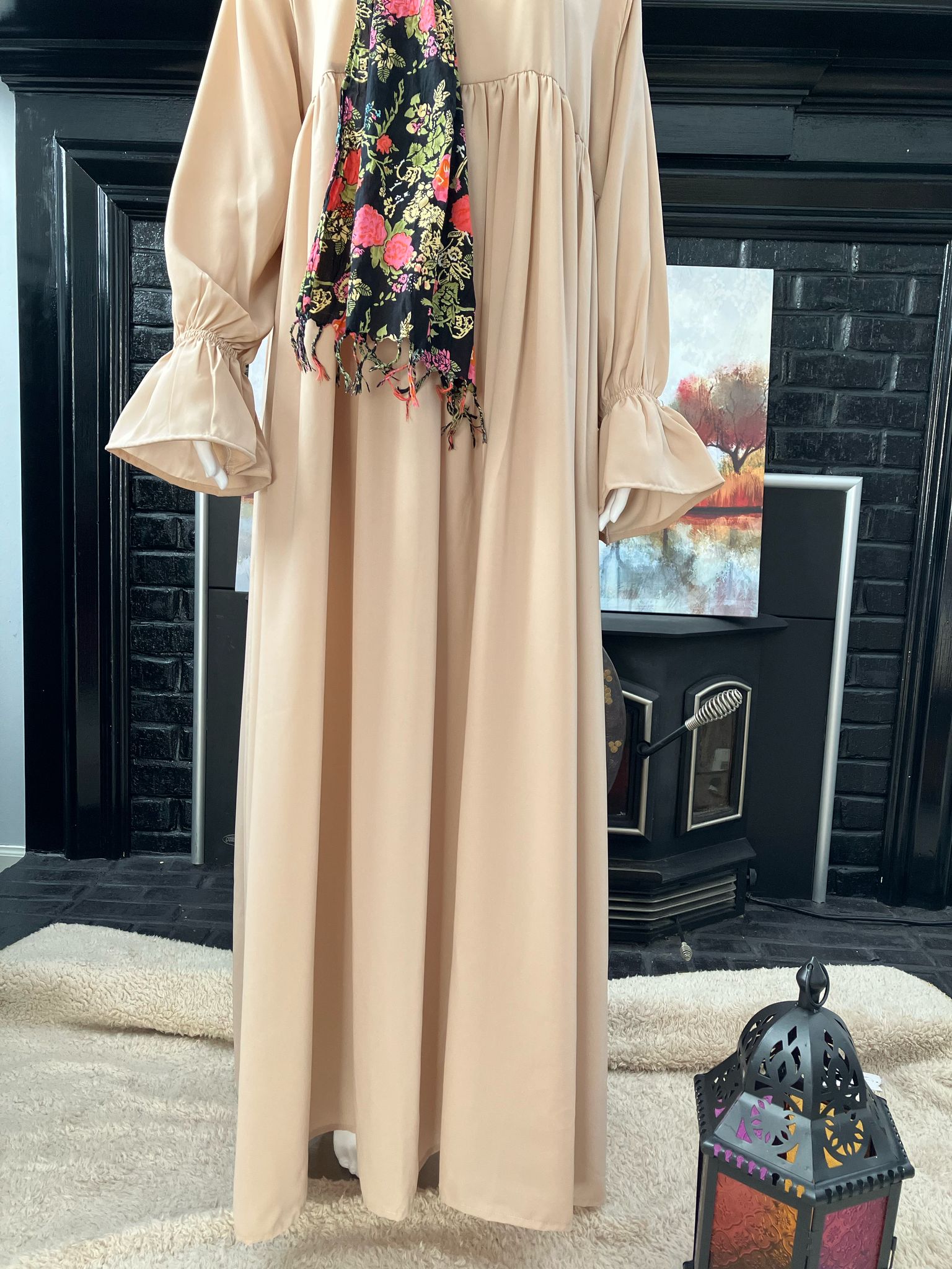 Beige Abaya with Poet Sleeves in Soft Kashibo Fabric