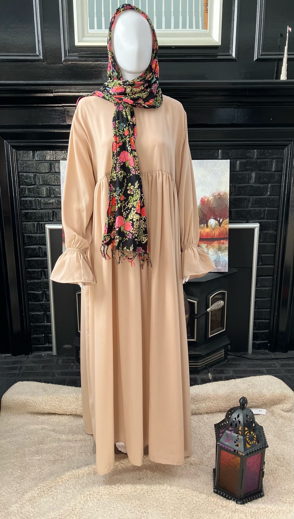 Beige Abaya with Poet Sleeves in Soft Kashibo Fabric