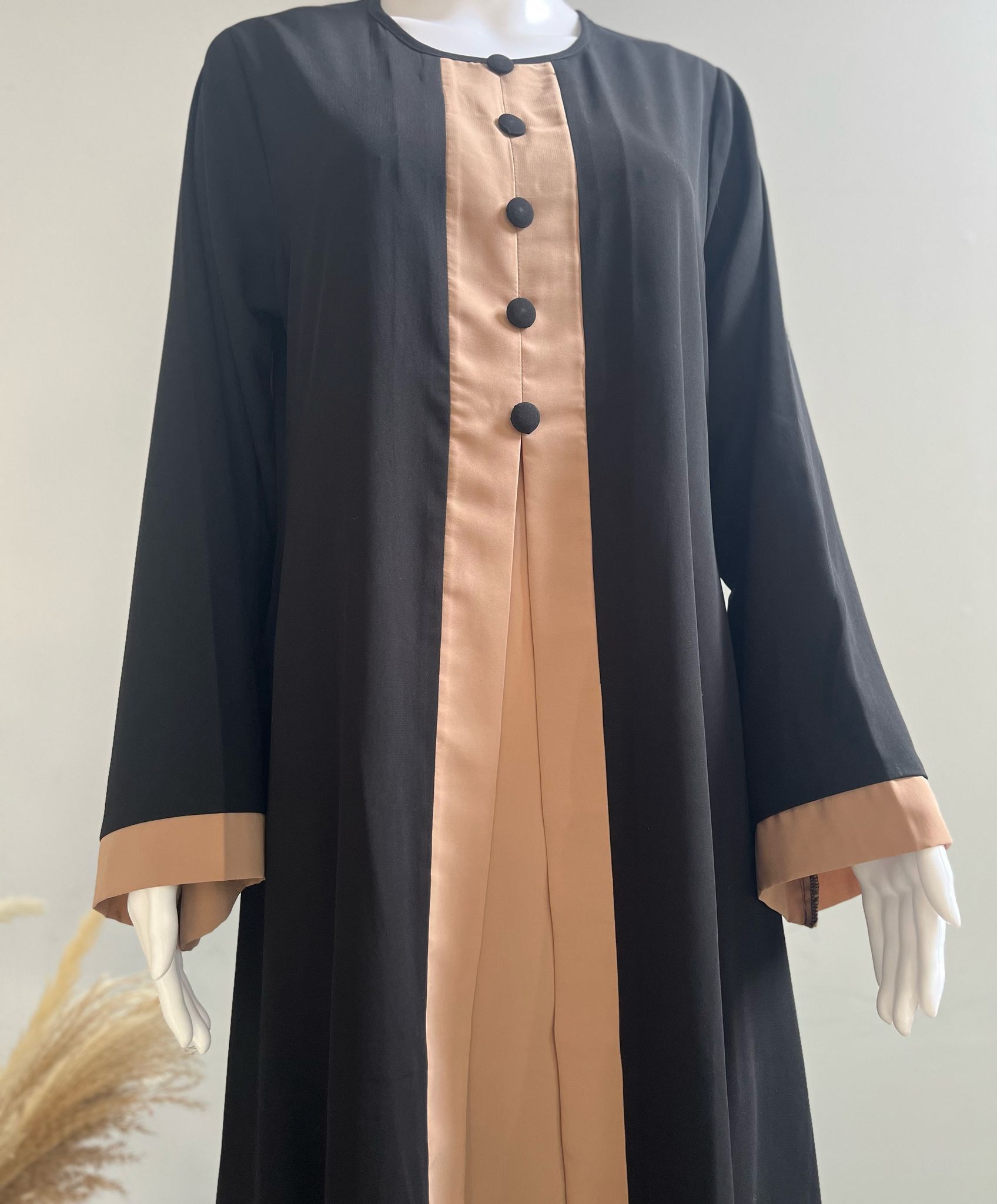 Beige and Black Attached Shrug Abaya with Show Buttons is Nida fabric