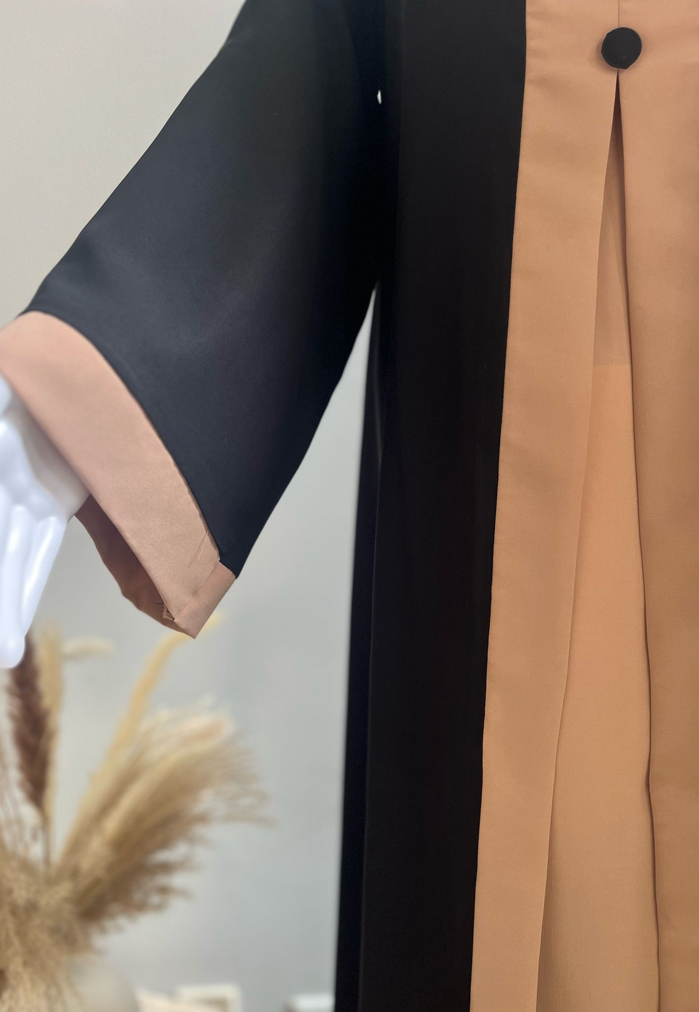 Beige and Black Attached Shrug Abaya with Show Buttons is Nida fabric
